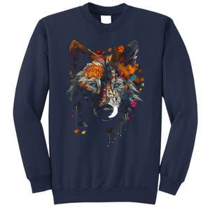 Wolf Autumn Leaves Blue Eyes Animal Art Motif Wolf Sweatshirt