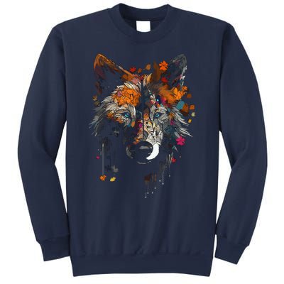 Wolf Autumn Leaves Blue Eyes Animal Art Motif Wolf Sweatshirt