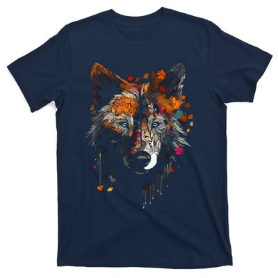 Wolf Autumn Leaves Blue Eyes Animal Art Motif Wolf T-Shirt