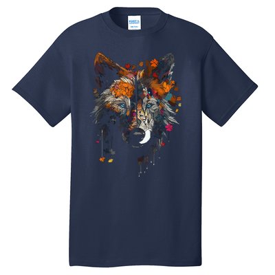 Wolf Autumn Leaves Blue Eyes Animal Art Motif Wolf Tall T-Shirt