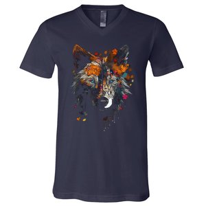 Wolf Autumn Leaves Blue Eyes Animal Art Motif Wolf V-Neck T-Shirt