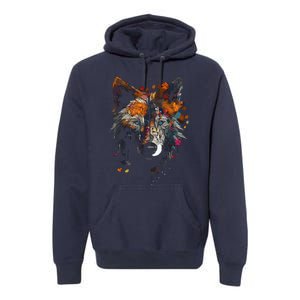 Wolf Autumn Leaves Blue Eyes Animal Art Motif Wolf Premium Hoodie