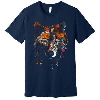 Wolf Autumn Leaves Blue Eyes Animal Art Motif Wolf Premium T-Shirt