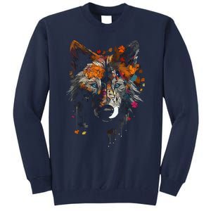 Wolf Autumn Leaves Blue Eyes Animal Art Motif Wolf Tall Sweatshirt