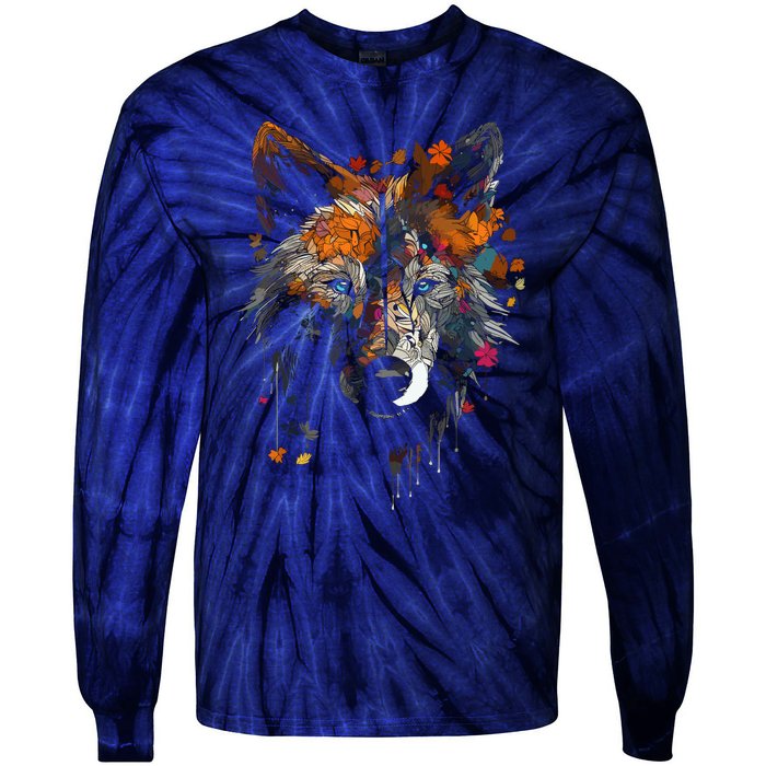 Wolf Autumn Leaves Blue Eyes Animal Art Motif Wolf Tie-Dye Long Sleeve Shirt