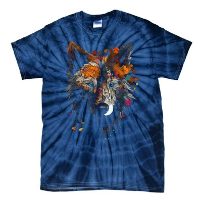 Wolf Autumn Leaves Blue Eyes Animal Art Motif Wolf Tie-Dye T-Shirt