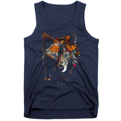 Wolf Autumn Leaves Blue Eyes Animal Art Motif Wolf Tank Top