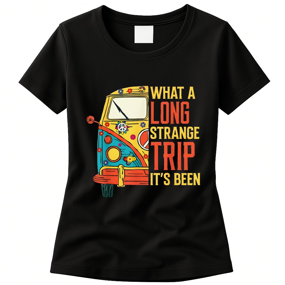 What A Long Strange Trip ItS Been 70s Hippie Camping Lover Womens T-Shirt