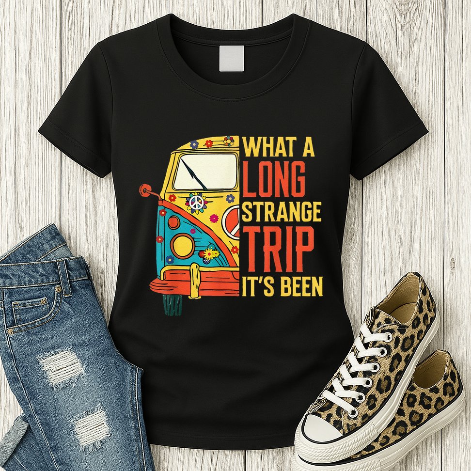 What A Long Strange Trip ItS Been 70s Hippie Camping Lover Womens T-Shirt