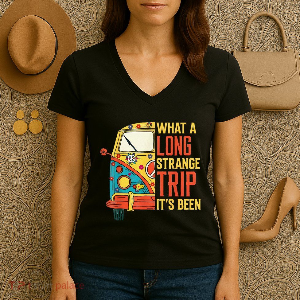 What A Long Strange Trip ItS Been 70s Hippie Camping Lover Women's V-Neck T-Shirt