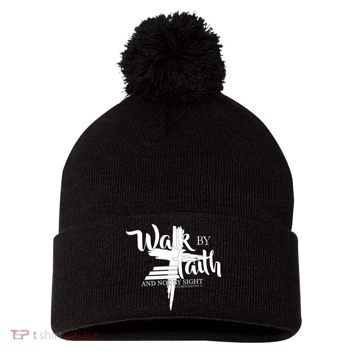 Walk By Faith Not By Sight Pom Pom 12in Knit Beanie