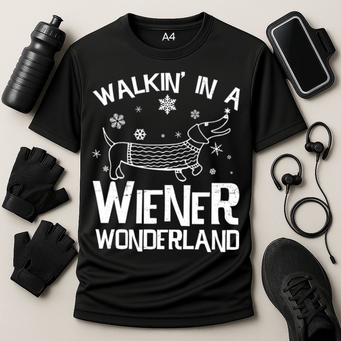 Walking In A Wiener Wonderland Funny Christmas Cooling Performance Crew T-Shirt