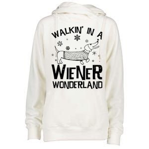 Walking In A Wiener Wonderland Funny Christmas Womens Funnel Neck Pullover Hood