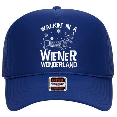 Walking In A Wiener Wonderland Funny Christmas High Crown Mesh Back Trucker Hat