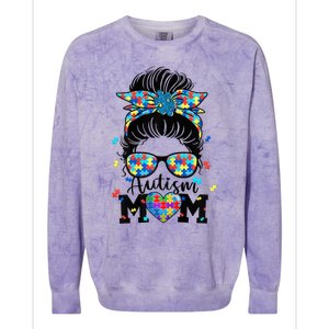 Wo Autism Mom Life Messy Bun Sunglasses Bandana Mother’s Day Colorblast Crewneck Sweatshirt