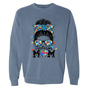 Wo Autism Mom Life Messy Bun Sunglasses Bandana Mother’s Day Garment-Dyed Sweatshirt