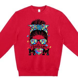 Wo Autism Mom Life Messy Bun Sunglasses Bandana Mother’s Day Premium Crewneck Sweatshirt