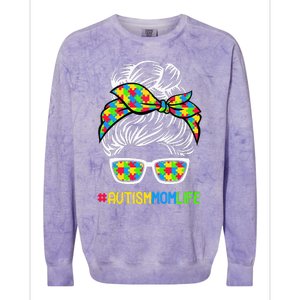 Wo Autism Mom Life Awareness Messy Bun Puzzle Piece Mama Mother Colorblast Crewneck Sweatshirt