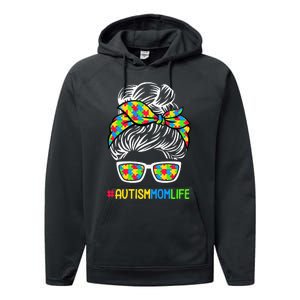 Wo Autism Mom Life Awareness Messy Bun Puzzle Piece Mama Mother Performance Fleece Hoodie