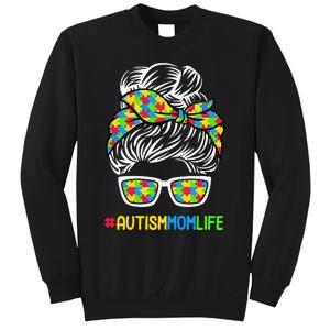 Wo Autism Mom Life Awareness Messy Bun Puzzle Piece Mama Mother Sweatshirt