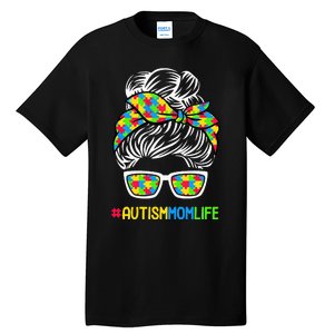 Wo Autism Mom Life Awareness Messy Bun Puzzle Piece Mama Mother Tall T-Shirt