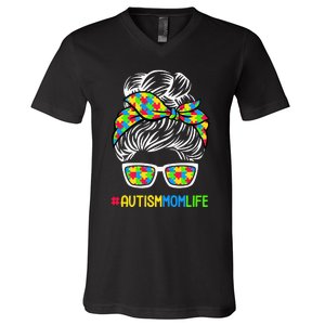 Wo Autism Mom Life Awareness Messy Bun Puzzle Piece Mama Mother V-Neck T-Shirt