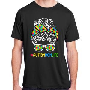 Wo Autism Mom Life Awareness Messy Bun Puzzle Piece Mama Mother Adult ChromaSoft Performance T-Shirt