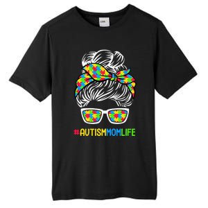 Wo Autism Mom Life Awareness Messy Bun Puzzle Piece Mama Mother Tall Fusion ChromaSoft Performance T-Shirt