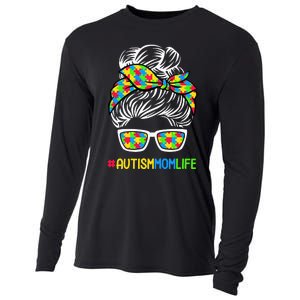 Wo Autism Mom Life Awareness Messy Bun Puzzle Piece Mama Mother Cooling Performance Long Sleeve Crew