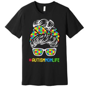 Wo Autism Mom Life Awareness Messy Bun Puzzle Piece Mama Mother Premium T-Shirt