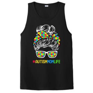 Wo Autism Mom Life Awareness Messy Bun Puzzle Piece Mama Mother PosiCharge Competitor Tank