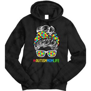 Wo Autism Mom Life Awareness Messy Bun Puzzle Piece Mama Mother Tie Dye Hoodie