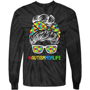 Wo Autism Mom Life Awareness Messy Bun Puzzle Piece Mama Mother Tie-Dye Long Sleeve Shirt