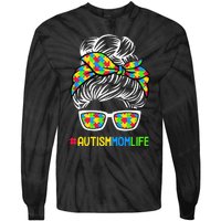 Wo Autism Mom Life Awareness Messy Bun Puzzle Piece Mama Mother Tie-Dye Long Sleeve Shirt