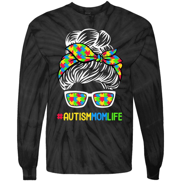 Wo Autism Mom Life Awareness Messy Bun Puzzle Piece Mama Mother Tie-Dye Long Sleeve Shirt