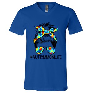 Wo Autism Mom Life Sunglass Hair Bun For Mom Mother Gift V-Neck T-Shirt