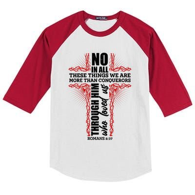 We Are More Than Conquerors Romans 8:37 Kids Colorblock Raglan Jersey