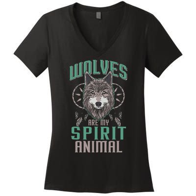Wolves Are My Spirit Animal Wolf Lover Animal Dreamcatcher Women's V-Neck T-Shirt
