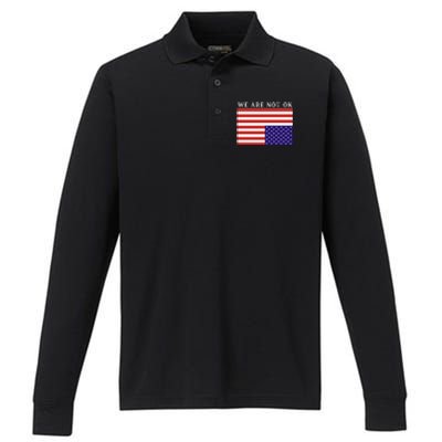 We Are Not Ok Upside Down USA Flag In Distress Performance Long Sleeve Polo