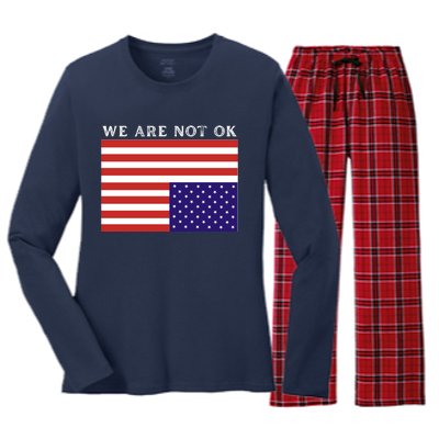 We Are Not Ok Upside Down USA Flag In Distress Women's Long Sleeve Flannel Pajama Set 