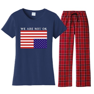 We Are Not Ok Upside Down USA Flag In Distress Women's Flannel Pajama Set