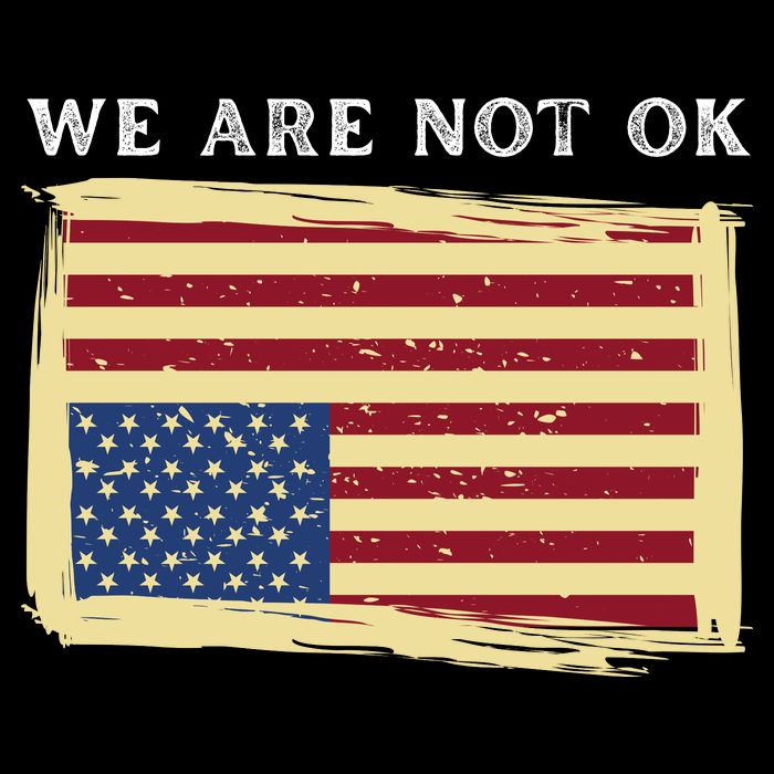 We Are Not Ok Upside Down USA Flag In Distress Cropped Pullover Crew