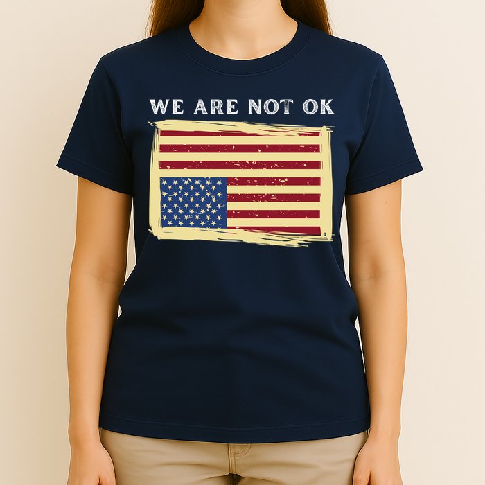 We Are Not Ok Upside Down USA Flag In Distress T-Shirt