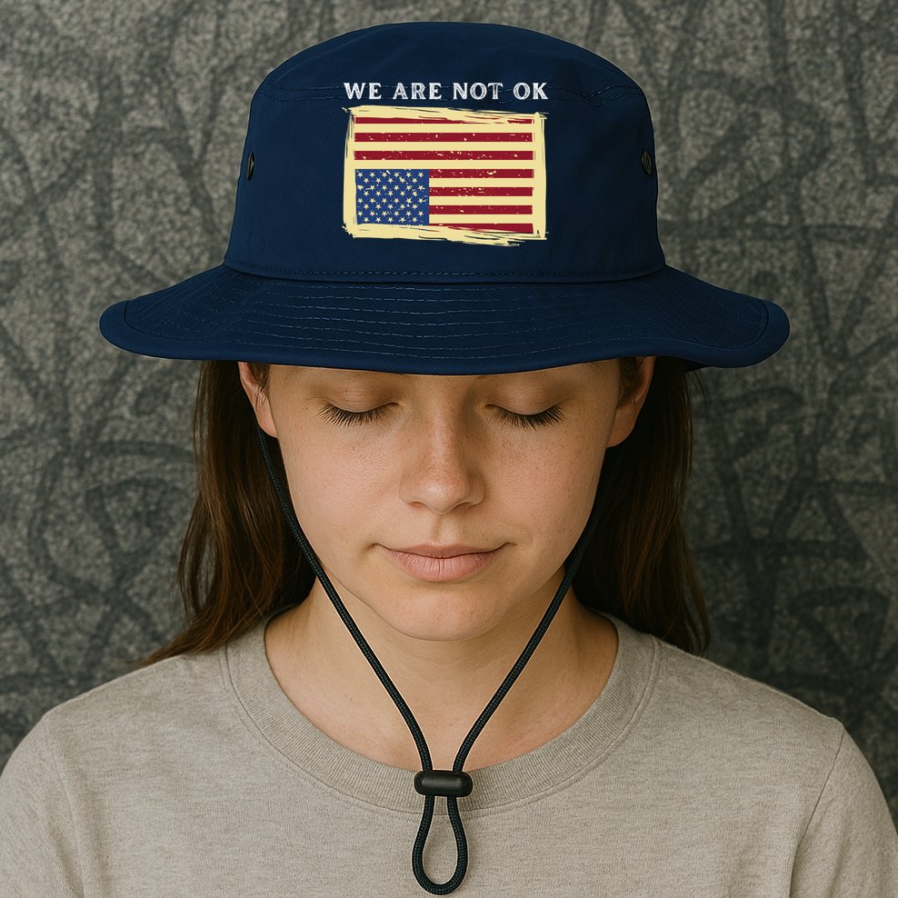 We Are Not Ok Upside Down USA Flag In Distress Bucket Hat