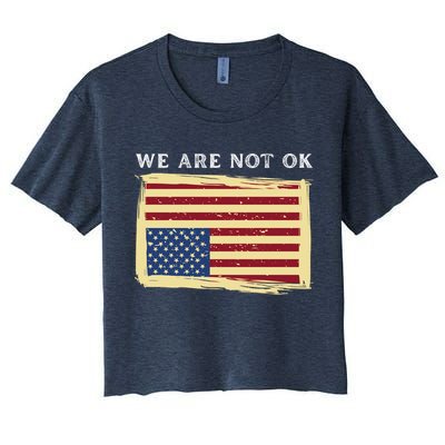 We Are Not Ok Upside Down USA Flag In Distress Crop Top