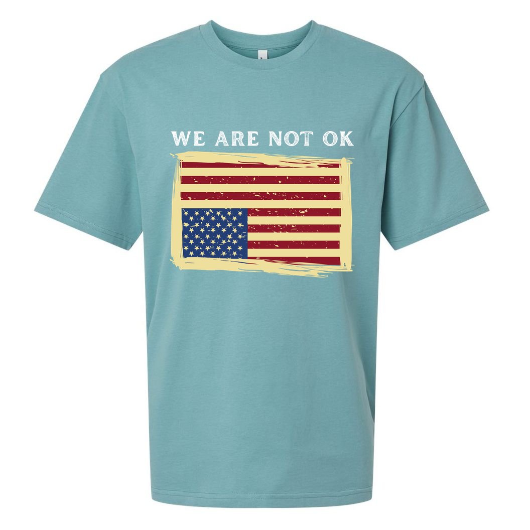 We Are Not Ok Upside Down USA Flag In Distress Sueded Cloud Jersey T-Shirt