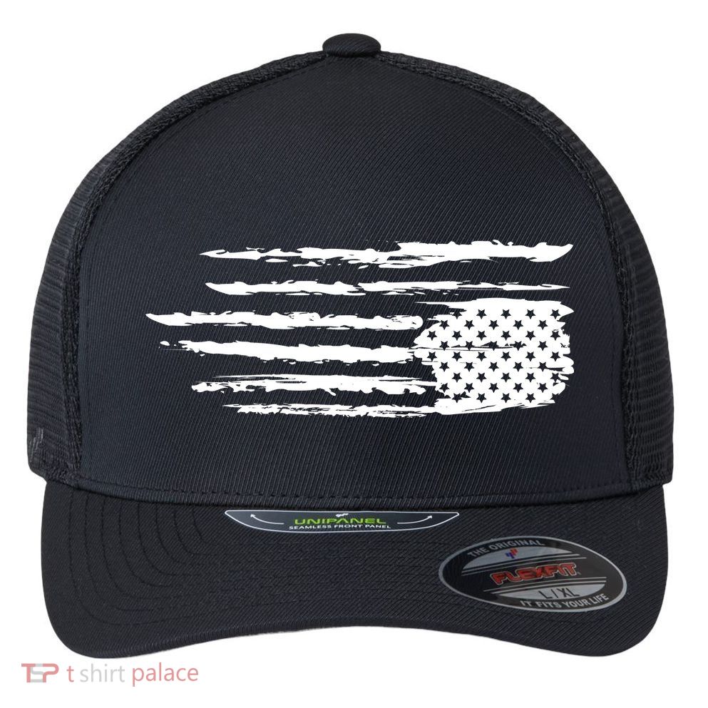 We Are Not Ok Upside Down USA Flag In Distress Flexfit Unipanel Trucker Cap