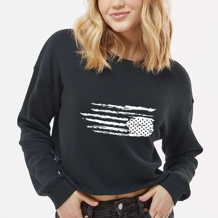 We Are Not Ok Upside Down USA Flag In Distress Cropped Pullover Crew
