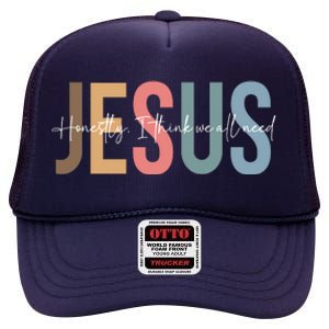 We All Need Jesus Romans 3:23 Christian Bible Verse Front & Back High Crown Mesh Back Trucker Hat