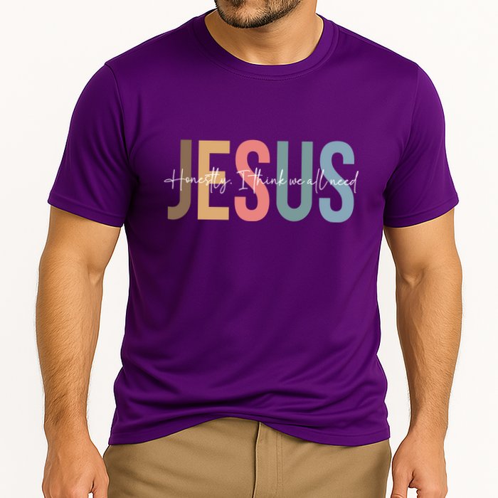 We All Need Jesus Romans 3:23 Christian Bible Verse Front & Back Cooling Performance Crew T-Shirt
